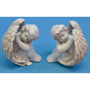 Engel sitzend aus Poly weiß, runde große Flügel, 2er Set